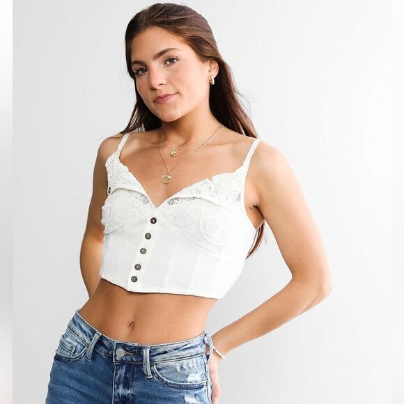 NWT Free People Have My Heart Tank White Cropped Lace Button Front Key Hole - Picture 3 of 12